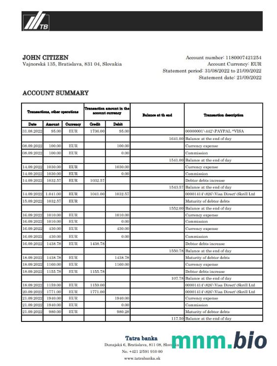 Slovakia Tatra Bank proof of address statement template w formacie Word i PDF format